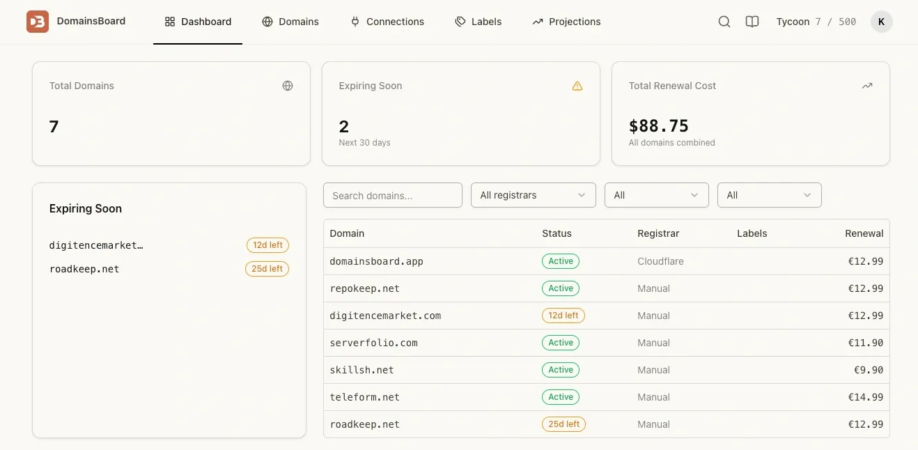 DomainsBoard dashboard showing portfolio counts, upcoming expiries, and a searchable domain table.