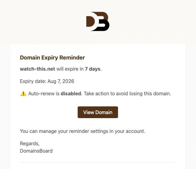 Expiry reminder email showing days left, the expiry date, and a warning that auto-renew is off.